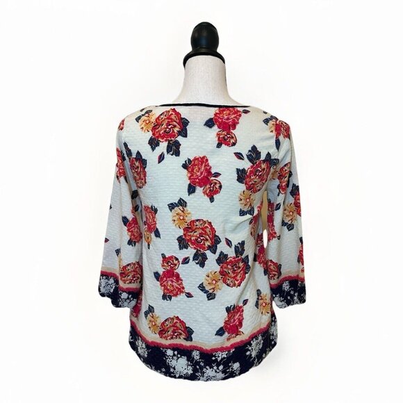 Skies Are Blue Blouse Women’s Small Boho 3/4 Sleeve Floral Print White Pink Blue - Picture 2 of 12